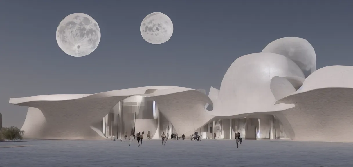 Prompt: a cresent moon in the sky shining on a white museum by zaha hadid in the desert, cinematic, realistic, render in unreal engine 5