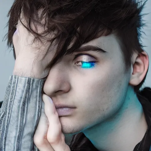 Image similar to photograph portrait of an emo guy, feminine, iridescent eyes, intricate detail, sigma 85mm f/1.4, 4k, depth of field, high resolution mode, 4k, 8k, hd