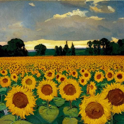 Prompt: painting of a field of sunflowers, painting by william nicholson