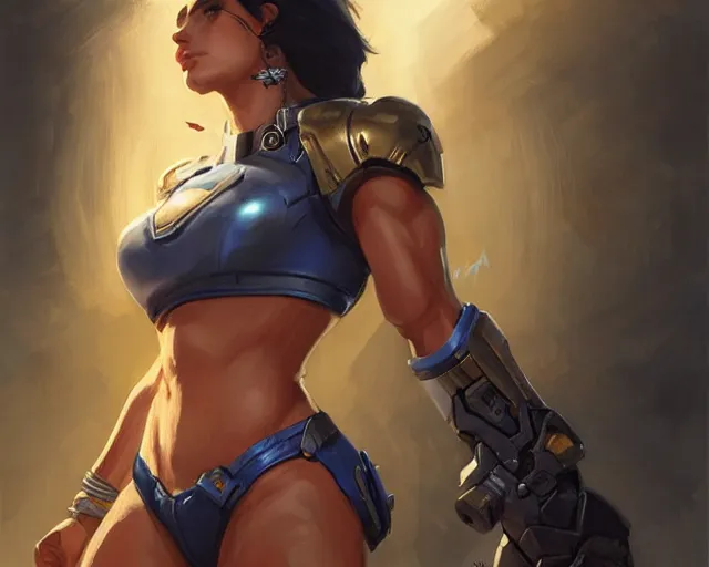 Image similar to portrait of pharah from overwatch as a beautiful female bodybuilder amazon with plump lips, elegant, fantasy, hd shot, digital portrait, beautiful, artstation, comic style, by artgerm, guy denning, jakub rozalski, magali villeneuve and charlie bowater