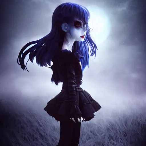 Image similar to full shot portrait of angry darkness cute anime girl at moonlight, gothic wearing, inspired by Tim Burton, Norihiro Yagi, WLOP, Marc Simonetti, Amano, Andrei Riabovitchev, detailed, unreal engine 4k volumetric light, fog,