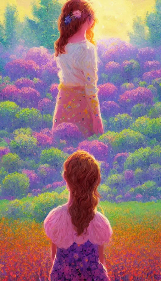 Image similar to girl with giant flower as a face and flower dress, standing in a flower field hills, big trees, sunrise dramatic light, impressionist painting, colorful clouds, digital painting, pointillism, artstation, simon stalenhag