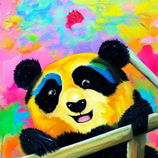 Image similar to beautiful and adorable and cute acrylic! impasto! painting of a sad, crying panda bear on a playground swing. by jeremiah ketner and studio ghibli