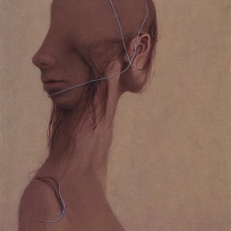 Prompt: woman in headphones portrait with a paper bag over the head, highly detailed, artstation, art by zdislav beksinski, wayne barlowe, edward hopper