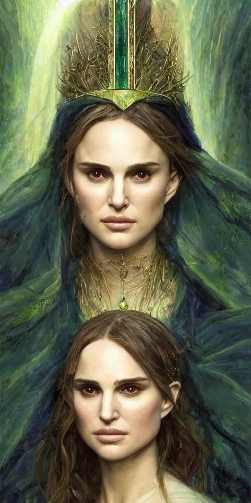 Image similar to epic masterpiece portrait of priestess played by natalie portman, followed by head with many souls, beautiful face and flawless skin, perfect hands, emeralds by Edgar Maxence and Ross Tran and Michael Whelan