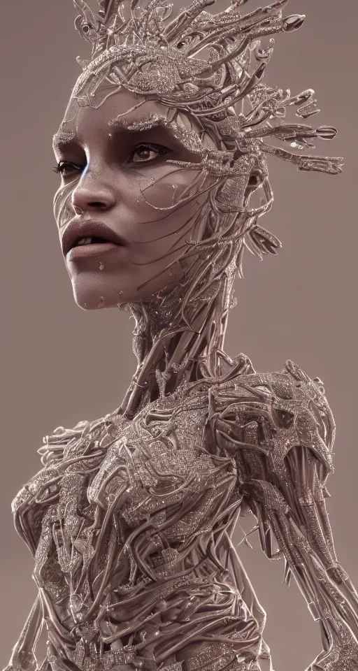 Image similar to full body detailed, ethereal, biomechanical, covered in diamonds and other gems glowing, highly detailed face, elegant posed, intricate, extremy detailed, beeple, cgsociety, 3 d unreal engine octane render. cinematic lighting, highly detailed 4 k art