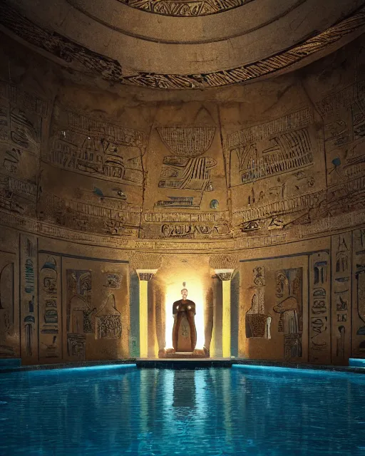 Image similar to greg rutkowski digital painting of an ornate and royal egyptian antechamber tomb, a circular pool in the tomb showing the galaxy, unreal engine, hyper realism, realistic shading, cinematic composition, blender render, octane render, hdr, detailed textures, photorealistic, ultrawide shot, 3 5 mm film