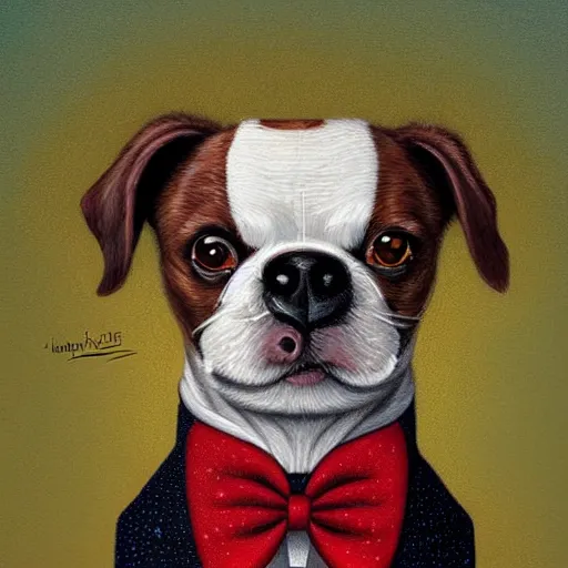 Image similar to portrait illustration of funny dog in the white tuxedo and red tie by jeremiah ketner, quint buchholz, wlop, dan mumford