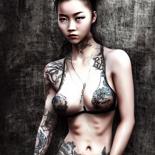 Image similar to gorgeous chinese girl in tattoos, by luis royo, in clothes, top cinematic lighting, cinematic mood, hyperrealism, full-length