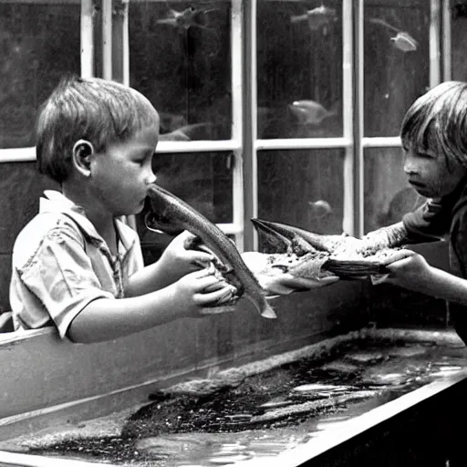 Image similar to hobos eating fish from aquarium, black and white, old photo, realistic