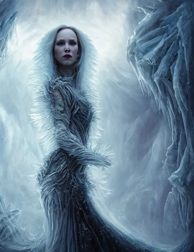 Image similar to epic professional digital art of the ice queen, atmospheric lighting, painted, complex, detailed, sinister background, leesha hannigan, wayne haag, reina rocin, ignacio fernandez rios, mark ryden, iris van herpen, epic, stunning, magnificent, very wow, cinematic, masterpiece, complex, with a clear focus, on trend on artstation