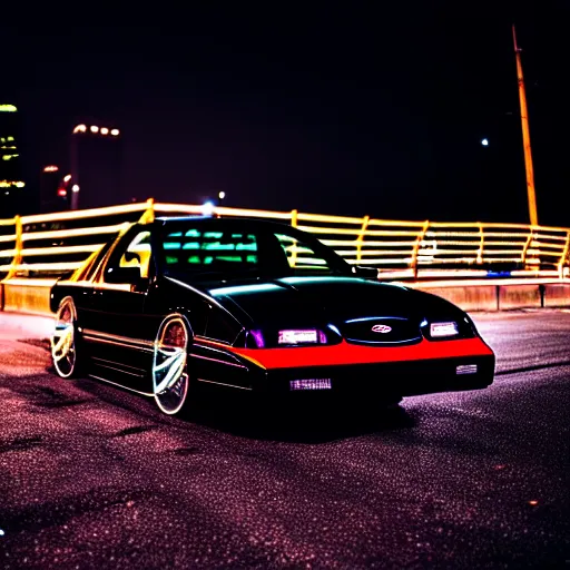 Prompt: a black 1990 Ford thunderbird sc at illegal car meet, Chiba prefecture, city midnight mist lights, cinematic color, vaporwave, highly detailed wheels, 50MM