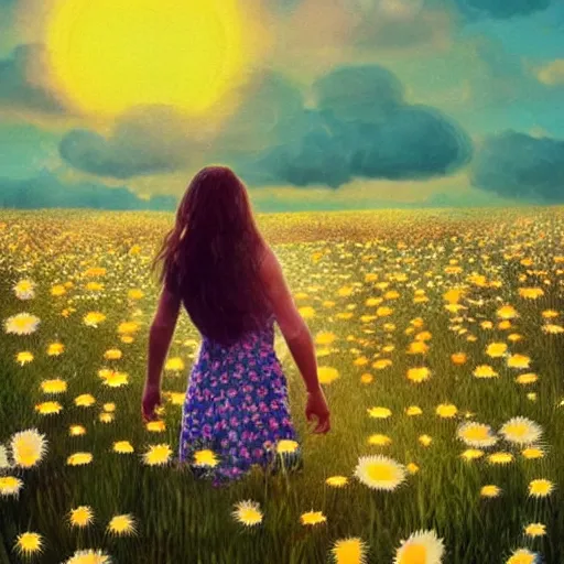 Image similar to head and face made of giant daisies, girl standing barefoot in a flower field, holding flowers, surreal photography, sunrise dramatic light, impressionist painting, colorful clouds, large sky, digital painting, artstation, simon stalenhag, flower face