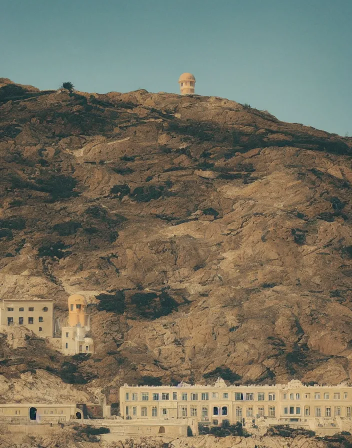 Prompt: a building in a stunning landscape by Wes Anderson