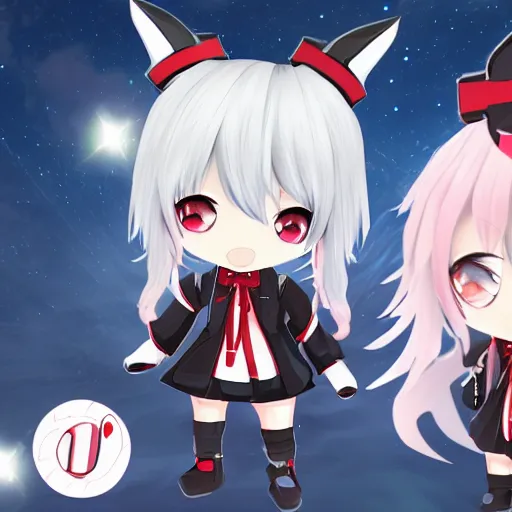 Image similar to vtuber white hair, red eyes, two little horn on the head, chibi