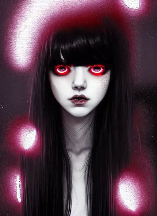 Image similar to portrait of teenage girl, red irises, red eyes, black hair, black and white hair, white bangs, purple clothes, white bangs, bangs, black hair and white bangs, intricate, elegant, glowing lights, highly detailed, digital painting, artstation, concept art, smooth, sharp focus, illustration, art by wlop, mars ravelo and greg rutkowski