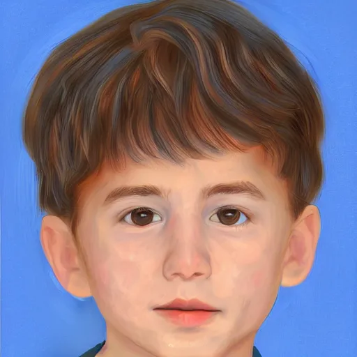 Prompt: portrait of a boy with long fluffy brown hair. blue background. large brush strokes, digital art, procreate