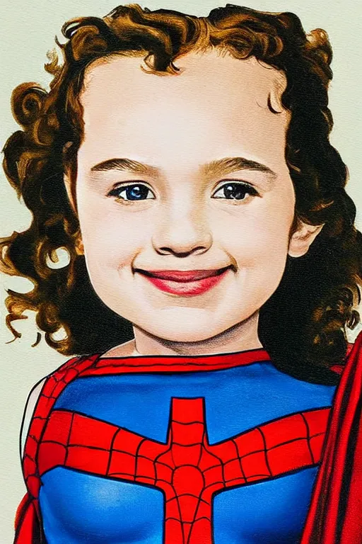 Prompt: a little girl with a mischievous face and light brown curly wavy hair. she is dressed as captain america, spider - man, batman, captain marvel, a superhero. clean elegant painting, beautiful detailed face. by steve ditko