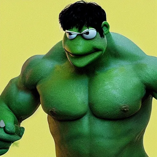 Image similar to photo of Kermit the frog as hulk in averngers movie