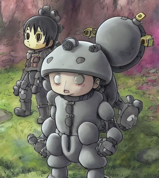 Prompt: beautiful little boy wearing an cyborg bear suit, artwork in kentaro miura and made in abyss, inspired in super bomberman, smooth, beautiful lightness, anatomically correct, trending on pixiv, forest