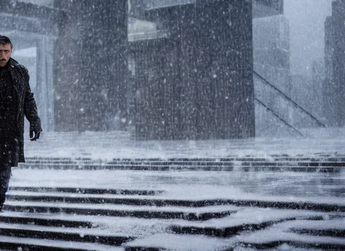 Image similar to bladerunner 2049 man lying on concrete stairs, snowing snowy stairs. sad melancholic scene. 65mm camera uncropped man centered.