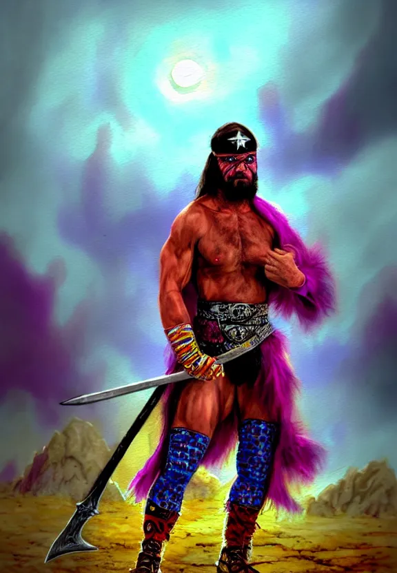 Image similar to a solitary macho man randy savage wearing a colourful heavy cloak alone full body rocky desolate wasteland | portrait | fantasy impressionist watercolour painting | matte painting | matte drawing | middle earth | pathfinder | featured on artstation deviant art | sword and sorcery | pintrest | conan | darksun | d & d dungeons and dragons | barbarian