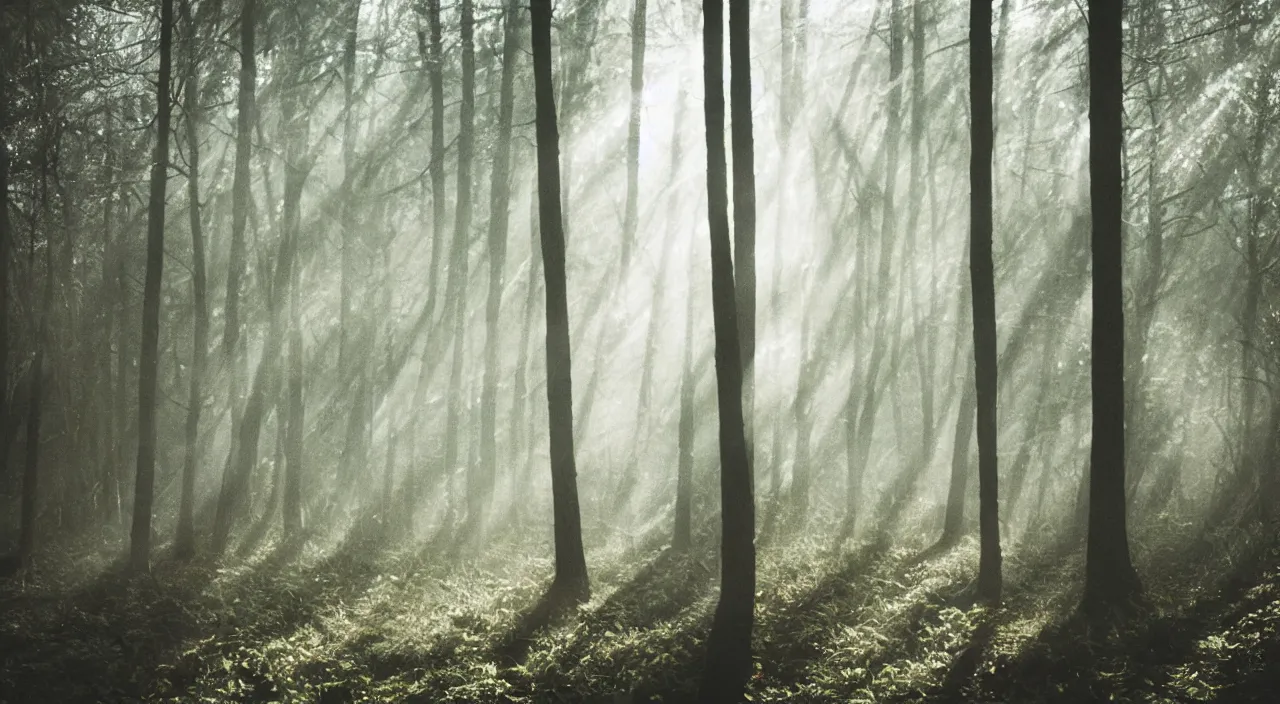 Image similar to forest mist sun beams mysterious scary deep dark hyper realistic detailed photography 3 5 mm helios 4 4 - 2