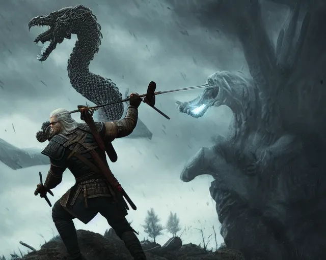 Prompt: 5 5 mm portrait photo of geralt fighting a 5 headed hydra. magical atmosphere. art by greg rutkowski. highly detailed 8 k. intricate. lifelike. soft light. nikon d 8 5 0.