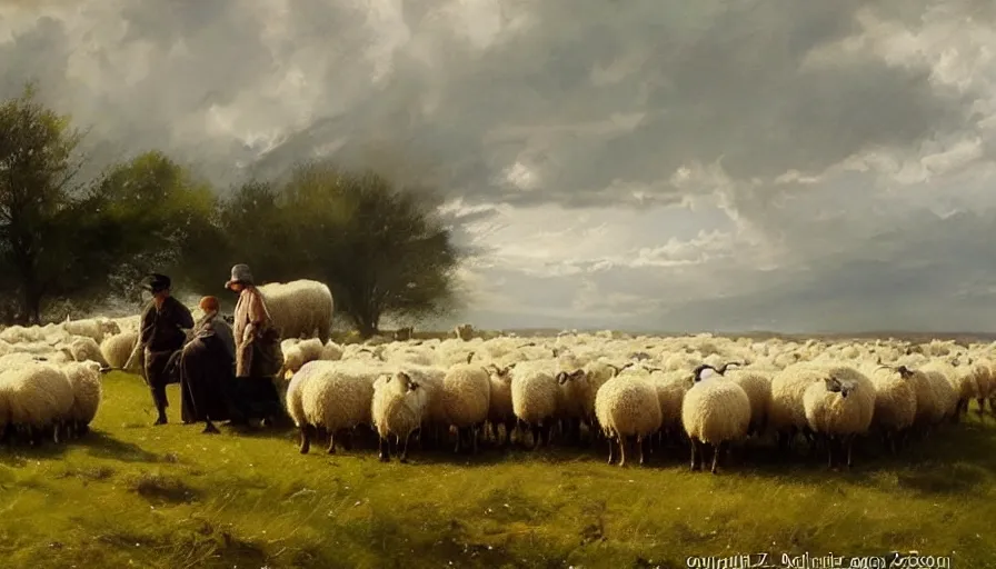 Image similar to simple amish shepherds with flocks of sheep in open fields, art by anders zorn, wonderful masterpiece by greg rutkowski, beautiful cinematic light, american romanticism thomas lawrence, greg rutkowski