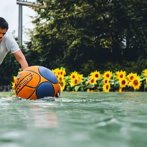 Prompt: sunflower man hybrid dribbling a basketball on water