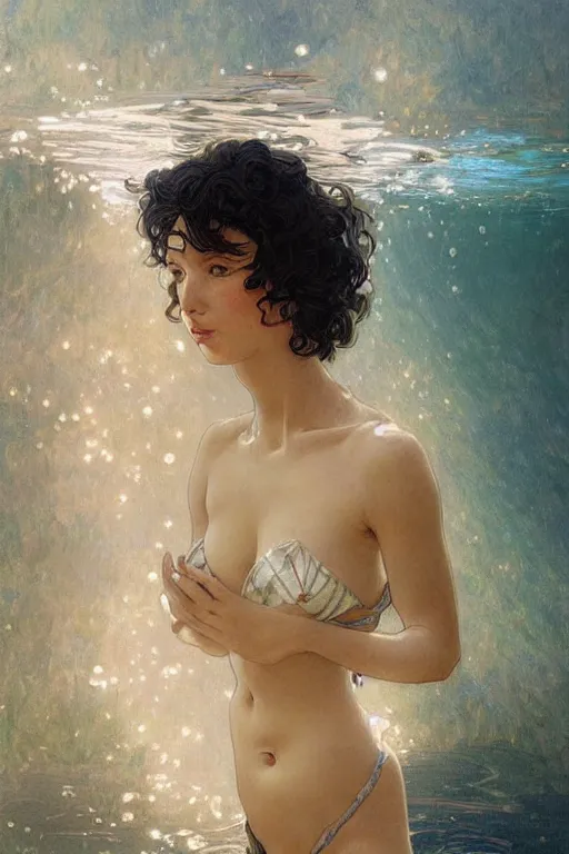 Image similar to beautiful cottagecore of a girl with short black curly hair, round face, cute face, wearing a bikini. Underwater. intricate, elegant. highly detailed, digital painting, artstation, concept art, smooth, sharp, focus, illustration. art by artgerm and greg rutkowski alphonse mucha and Marat Safin