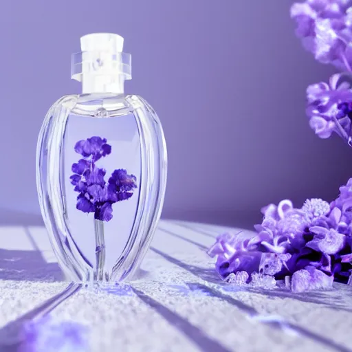 Prompt: perfume bottle surrounded by artistic, luscious blurred blue and lilac flowers, white background, simple path traced, environment, up close shot