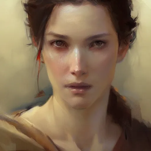 Prompt: a woman with an innocent face, portrait by Greg Rutkowski, craig mullins and Gaston Bussiere