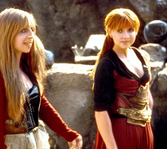 Image similar to a movie still of sarah gellar as xena speaking to ron weasley in the movie harry potter