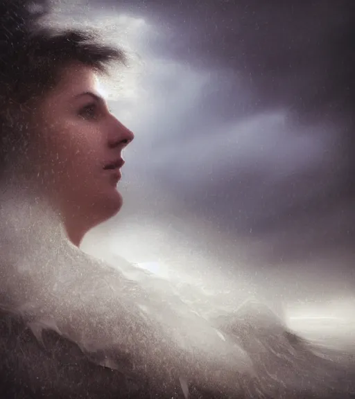 Prompt: knight, norway fjord, extreme close up portrait, hudson river school, max rive, armor made of ocean, stormy seas, beautiful, bokeh, female, snowy, storm clouds, god rays, extreme close up portrait, d & d, fantasy, elegant, low key color palette, concept art, roger deakins and greg rutkowski and alphonse mucha