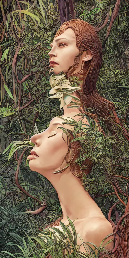 Prompt: a sculpture of mythical creatures by syd mead, elegant and unusually large beautiful female face emerging from the jungle, intricate, elegant, highly detailed, digital painting by audrey kawasaki, artstation, concept art, ambient occlusion, vray render,