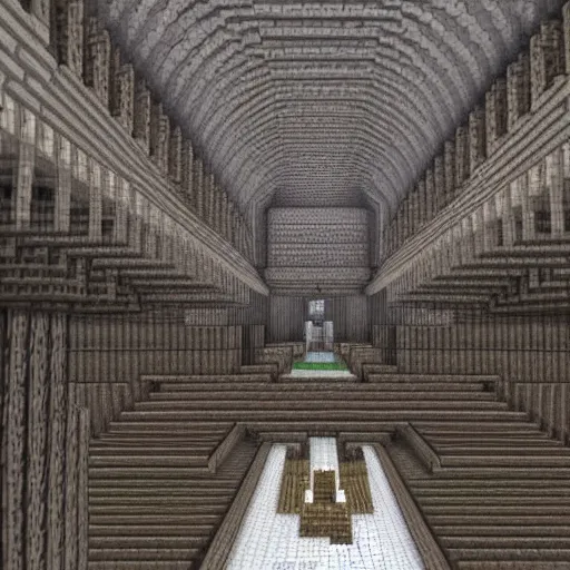 Prompt: hyper realistic minecraft interior of of a large cavernous grand cathedral with many balconies with demonic influences, build with netherbrick obsidian and quartz blocks