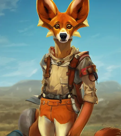 Image similar to stylized 3 / 4 portrait concept art of the anthro anthropomorphic dingo dog head animal person fursona wearing clothes adventurer standing in australia outback, hidari, color page, tankoban, 4 k, tone mapping, akihiko yoshida