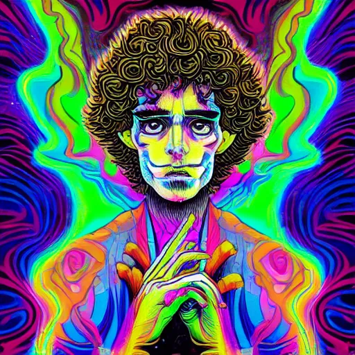 Image similar to a psychedelic young godlike humanoid, hyper detailed, in the style of rutkowski and junji ito and bob ross and lisa frank, selfie