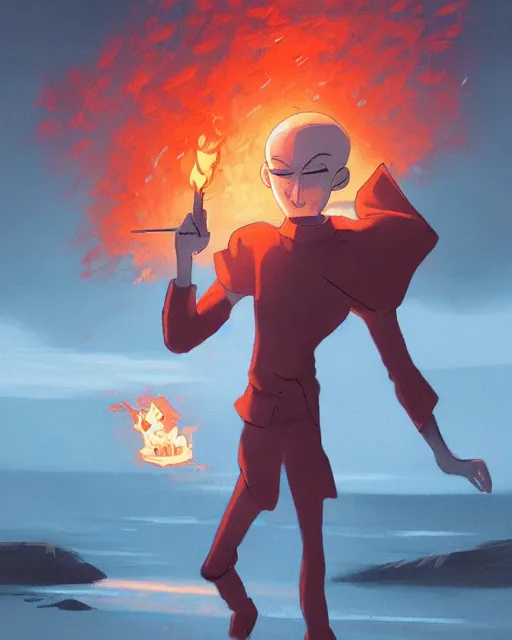 Prompt: squidward wearing fire nation clothing and practicing firebending outside at susnset, [ [ [ [ [ [ greg rutkowski ] ] ] ] ] ]