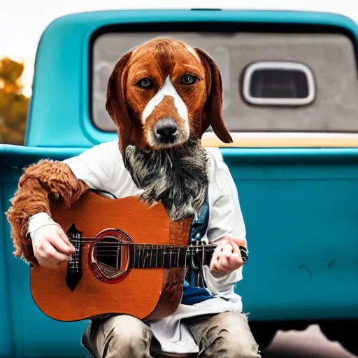 Image similar to A folkpunk hound dog playing the guitar in front of a pickup truck