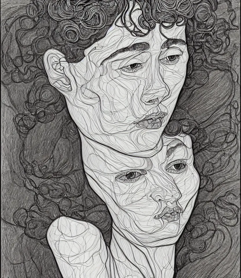 Prompt: detailed line art portrait of hang williams, inspired by egon schiele. contour lines, musicality, twirls, curls, curves, confident personality