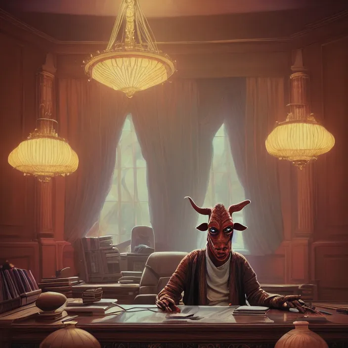 Prompt: portrait of jar jar binks in the oval office. intricate abstract. intricate artwork. by tooth wu, wlop, beeple, dan mumford. octane render, trending on artstation, greg rutkowski very coherent symmetrical artwork. cinematic, hyper realism, high detail, octane render, 8 k, iridescent accents