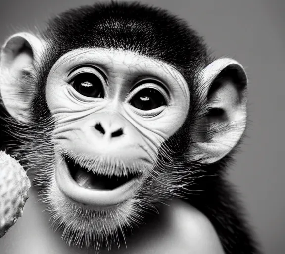 Prompt: a baby monkey sneezing onto a strawberry, detailed, macro, studio light, droplets, backlit ears, close up