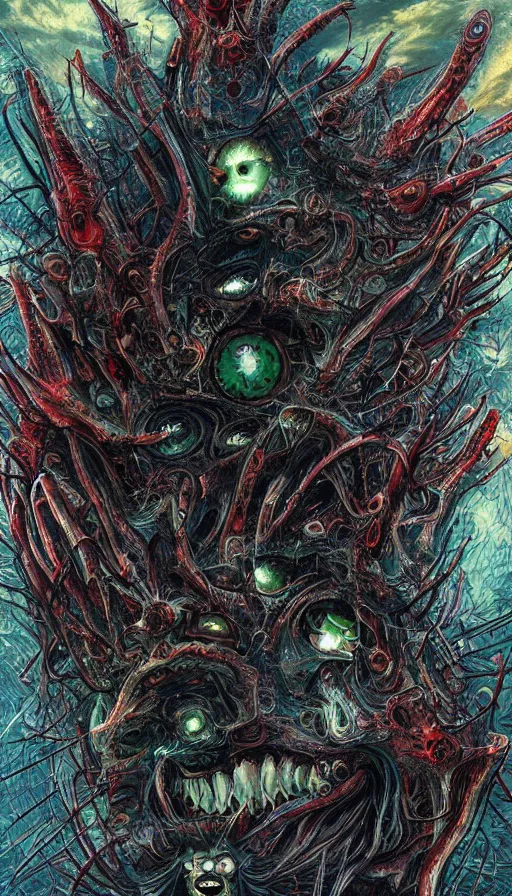 Image similar to a storm vortex made of many demonic eyes and teeth, by android jones,