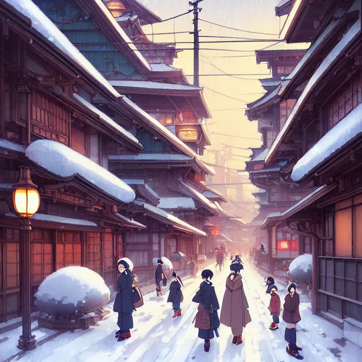 Image similar to japanese big city, winter, in the style of studio ghibli, j. c. leyendecker, greg rutkowski, artem