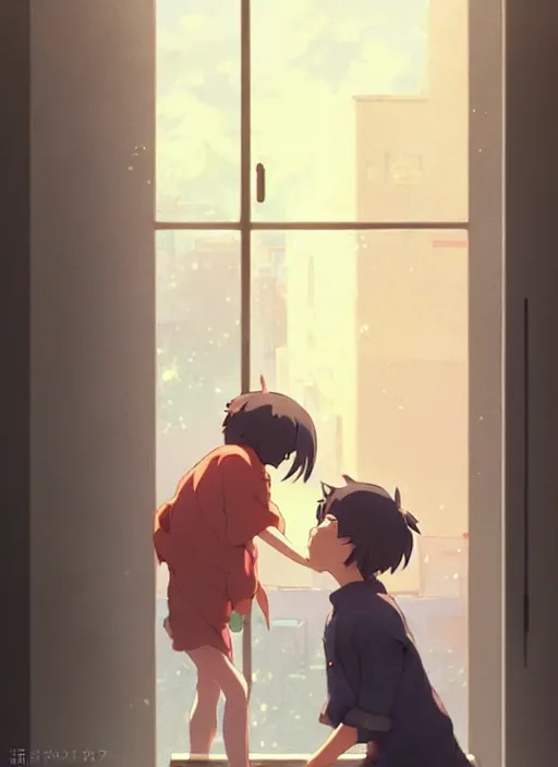 Image similar to boy kissing girl from a window. illustration concept art anime key visual trending pixiv fanbox by wlop and greg rutkowski and makoto shinkai and studio ghibli