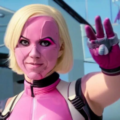 Image similar to A still of Gwenpool in Deadpool 3 (2023), no mask, blonde hair with pink highlights