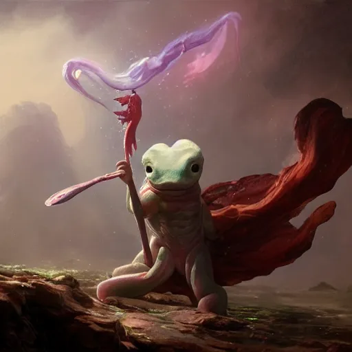 Image similar to oil painting of a Anthropomorphized Axolotl wizard casting epic spell, sharp focus, heroic pose, fantasy style, octane render, volumetric lighting, 8k high definition, by greg rutkowski, highly detailed, trending on art Station, magic the gathering artwork, centered