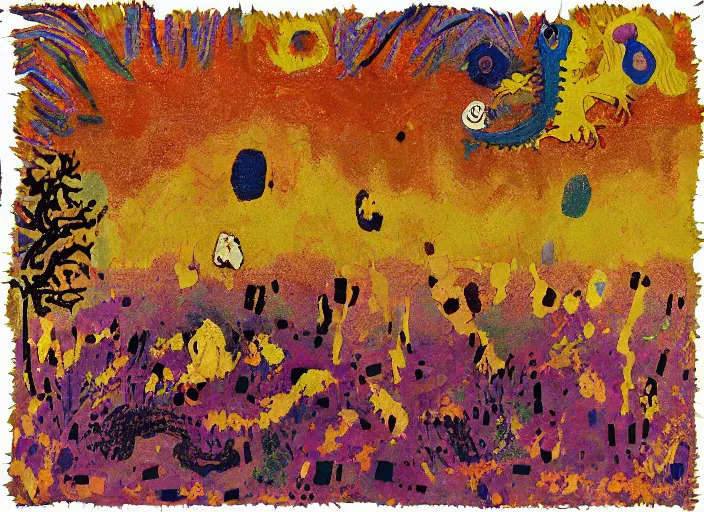 Image similar to expressionistic pixelated decollage painting golden armor alien zombie horseman riding on a crystal bone dragon broken rainbow diamond maggot horse in a blossoming meadow full of colorful mushrooms and golden foil toad blobs in a golden sunset, distant forest horizon, painted by Mark Rothko, Helen Frankenthaler, Danny Fox and Hilma af Klint, pixel, semiabstract, color field painting, byzantine art, microsoft paint art, pop art look, naive, outsider art. Barnett Newman painting, part by Philip Guston and Frank Stella art by Adrian Ghenie, 8k, extreme detail, intricate detail, masterpiece